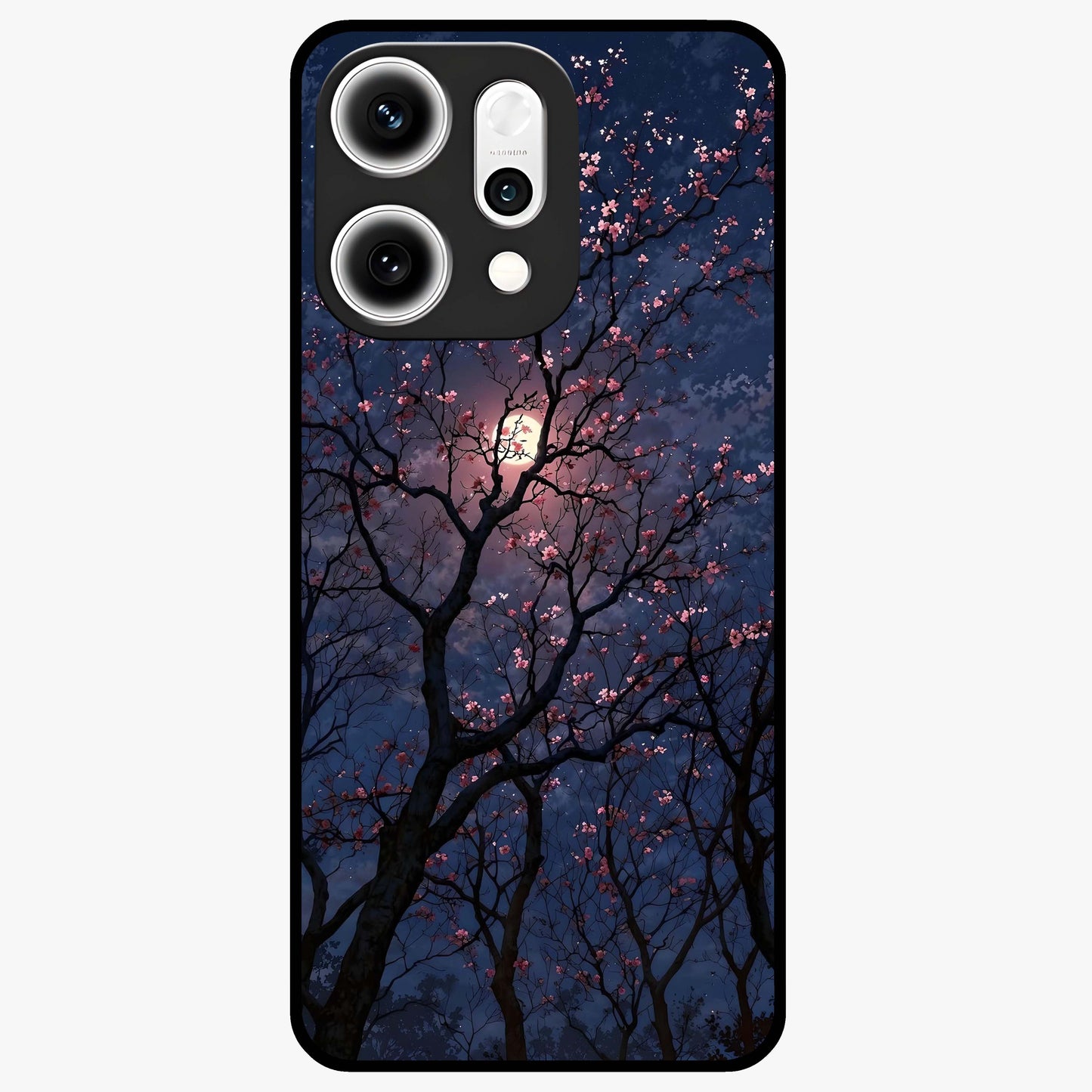Twilight Sakura Serenade Glass Case showing flat back view with cherry blossom artwork at twilight and glossy glass finish.