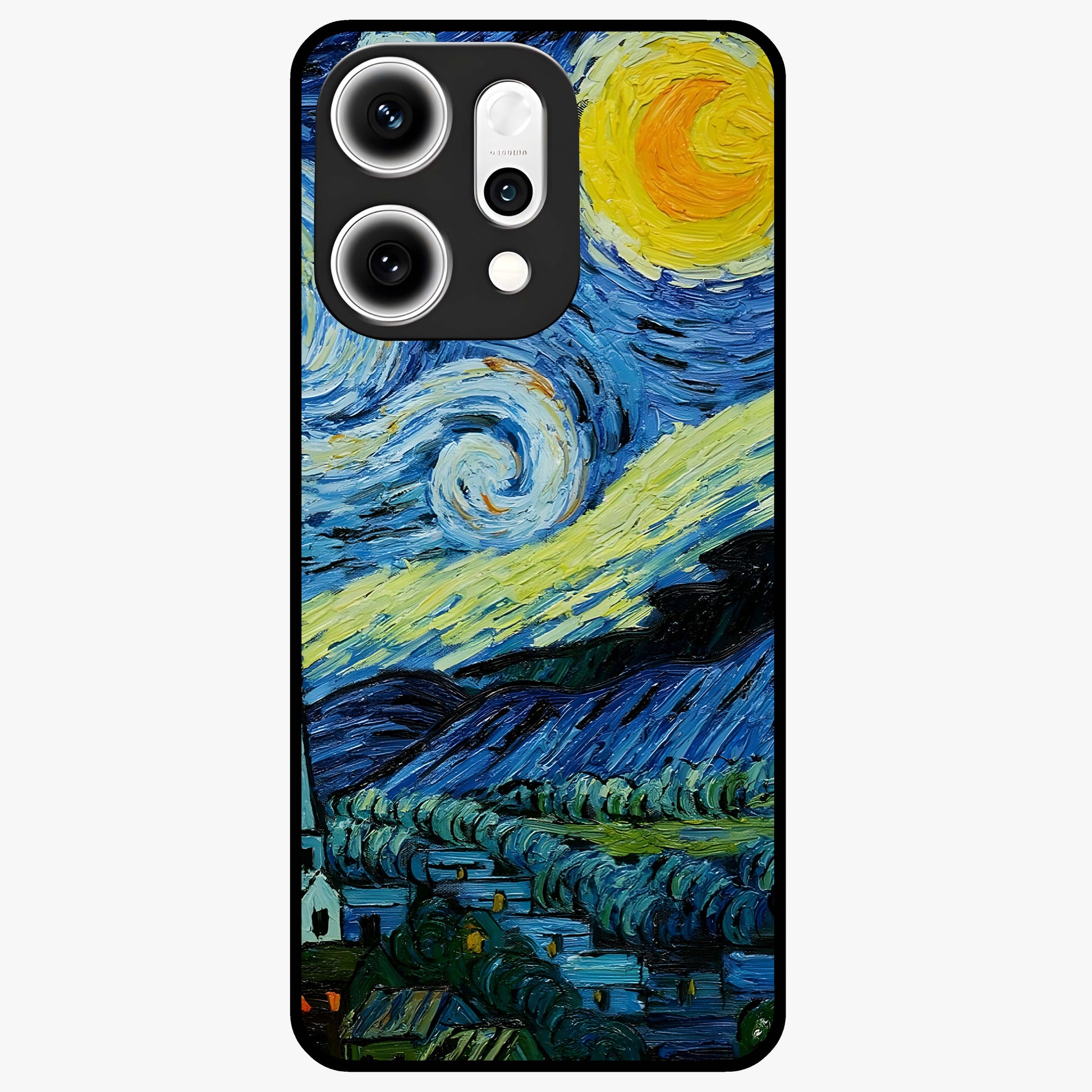 Van Gogh Art Glass Case showing flat back view with classic painterly artwork inspired by Van Gogh style and glossy glass finish.