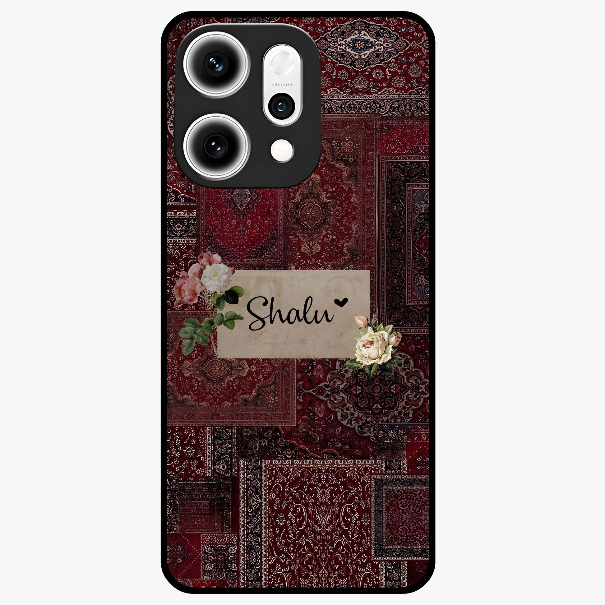 Velvet Wine Pattern Custom Name Glass Case showing flat back view with elegant wine colored pattern artwork and personalized name design.