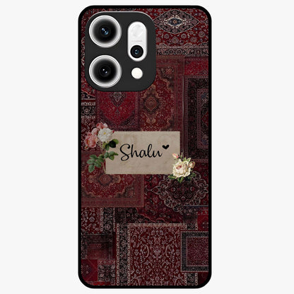 Velvet Wine Pattern Custom Name Glass Case showing flat back view with elegant wine colored pattern artwork and personalized name design.