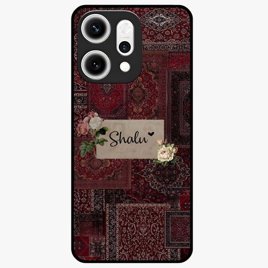 Velvet Wine Pattern Custom Name Glass Case showing flat back view with elegant wine colored pattern artwork and personalized name design.