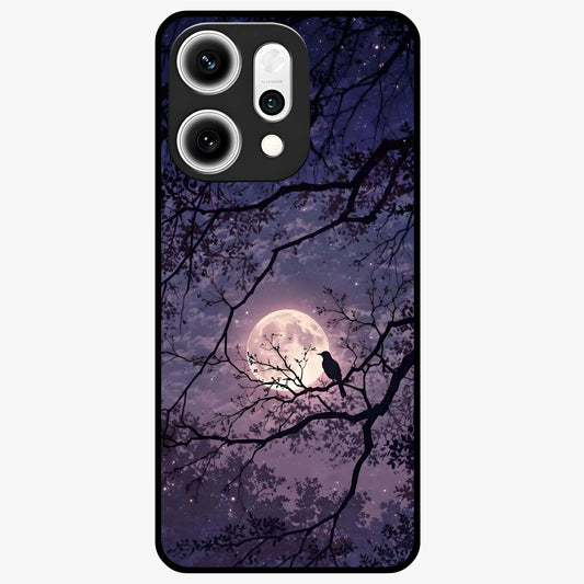 Whispering Moon Silence Glass Case showing flat back view with serene moon themed artwork and glossy glass finish.