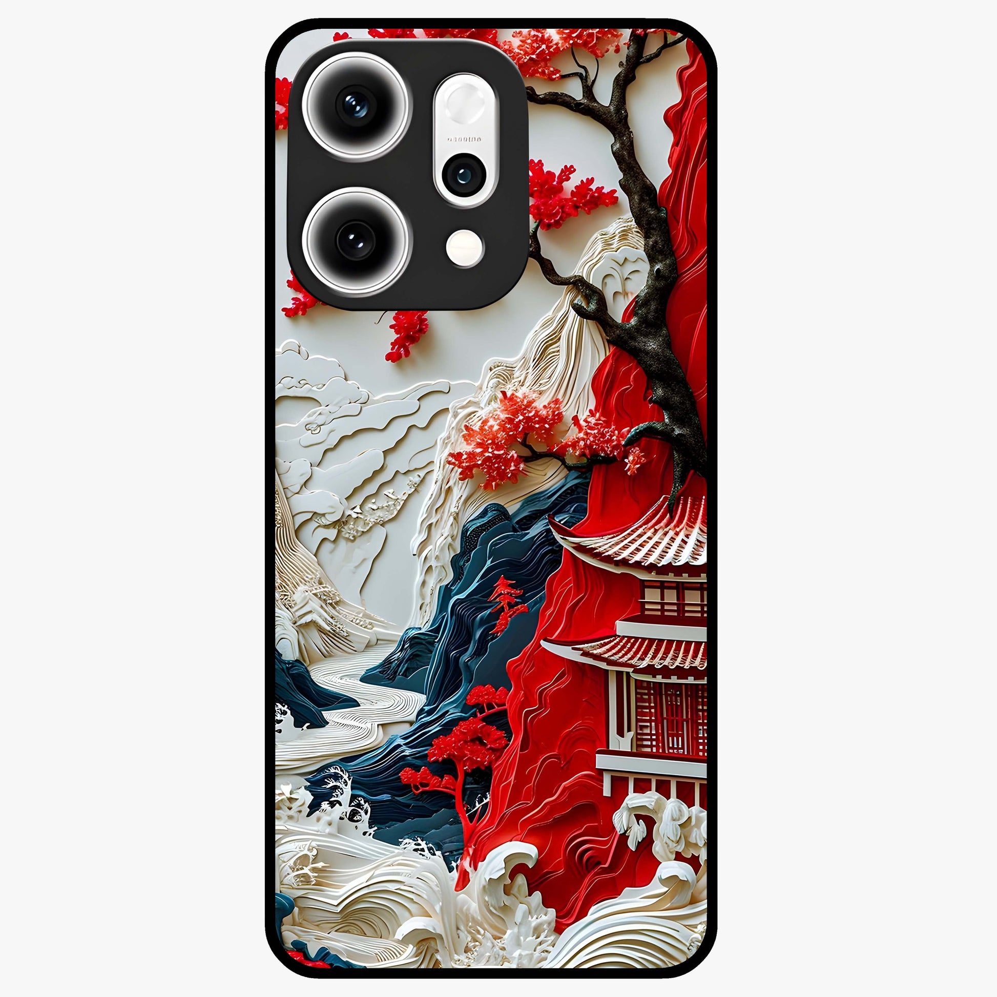 Whispers Of Sakura Waves Glass Case showing flat back view with cherry blossom wave artwork and glossy glass finish.