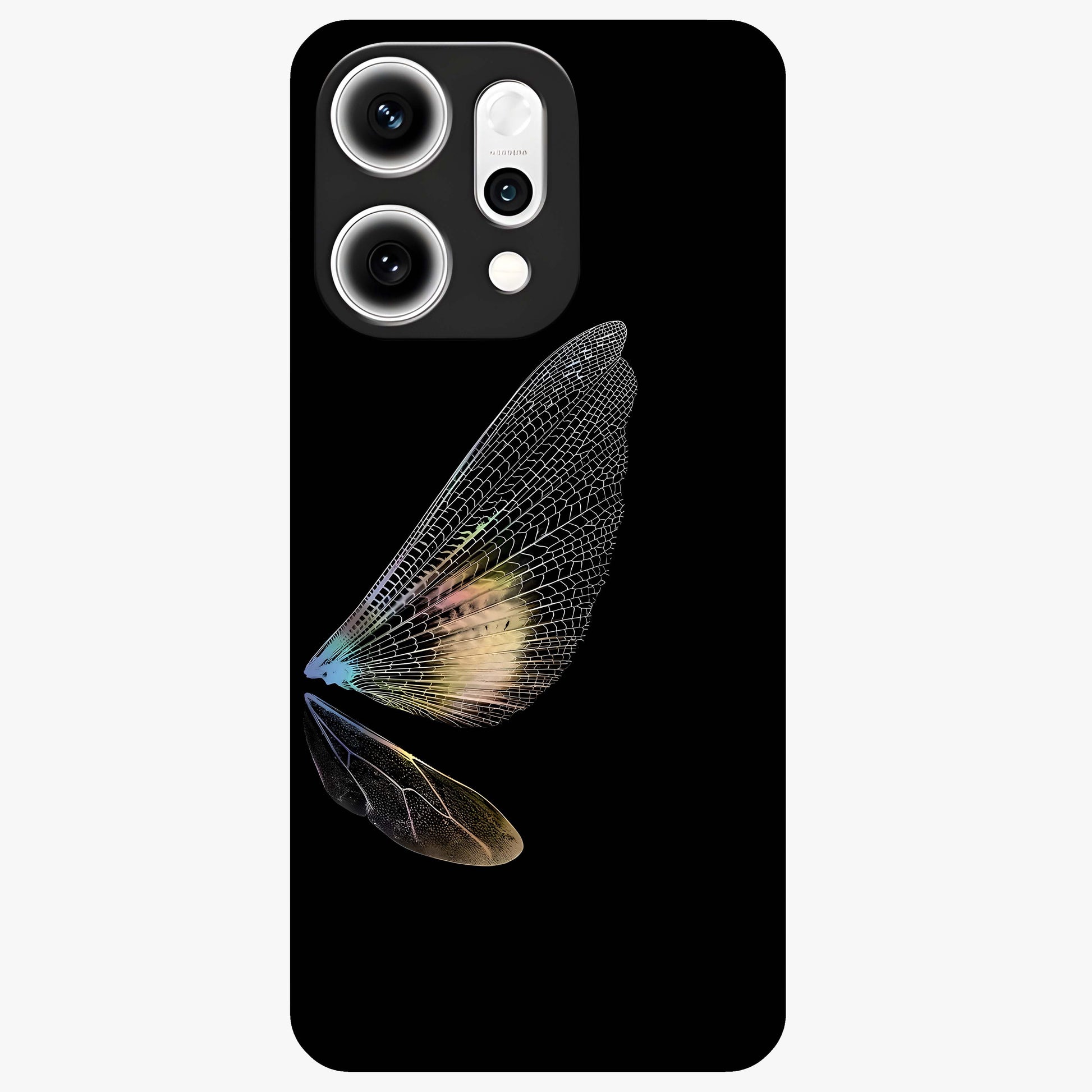 Whispers Of Wings Glass Case showing flat back view with graceful wing inspired artwork and glossy glass finish.