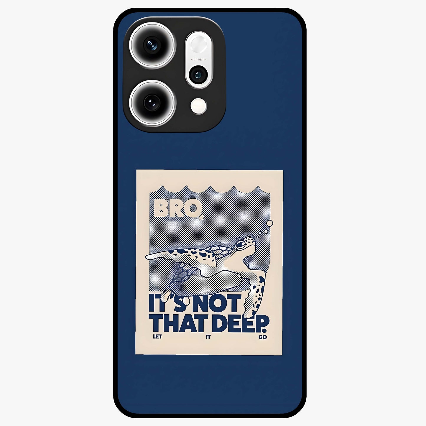 Worry Less Swim Glass Case showing flat back view with playful motivational artwork and glossy glass finish.