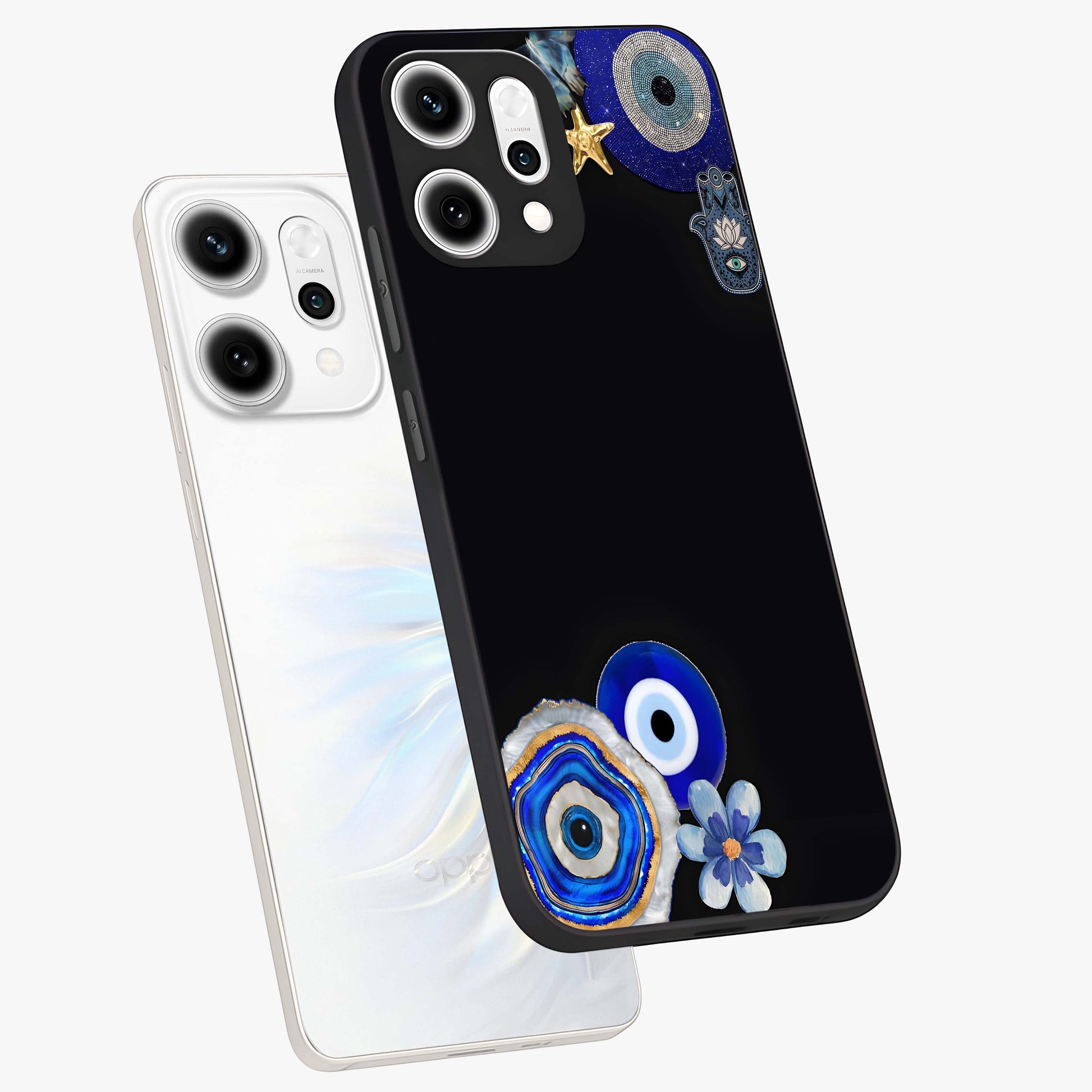 Aesthetic Blue Evil Eye Glass Case displayed in angled mockup highlighting blue evil eye symbol and spiritual aesthetic design.