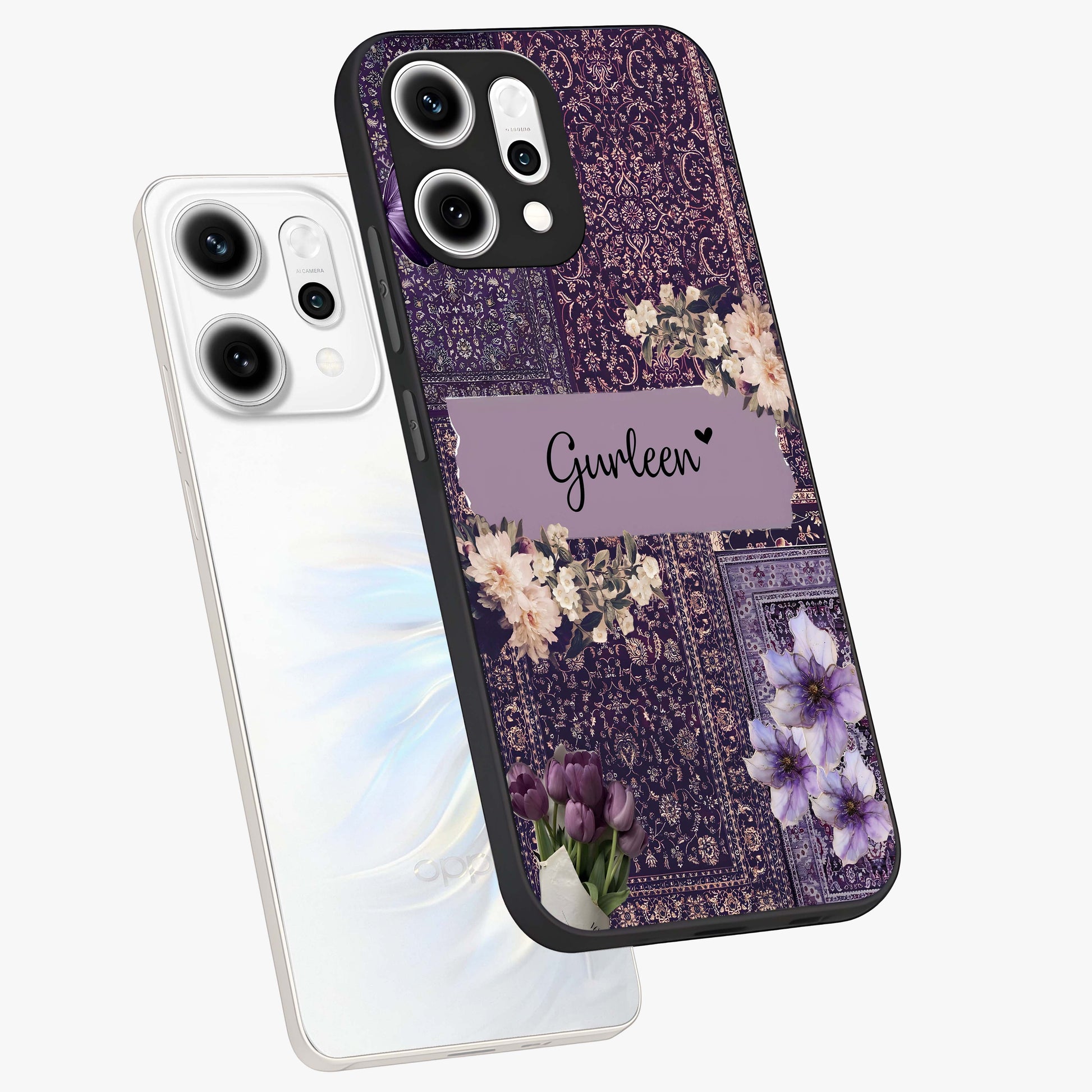 Antique Floral Whisper Custom Name Glass Case displayed in angled mockup highlighting elegant antique floral aesthetic.