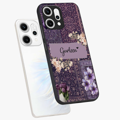 Antique Floral Whisper Custom Name Glass Case displayed in angled mockup highlighting elegant antique floral aesthetic.
