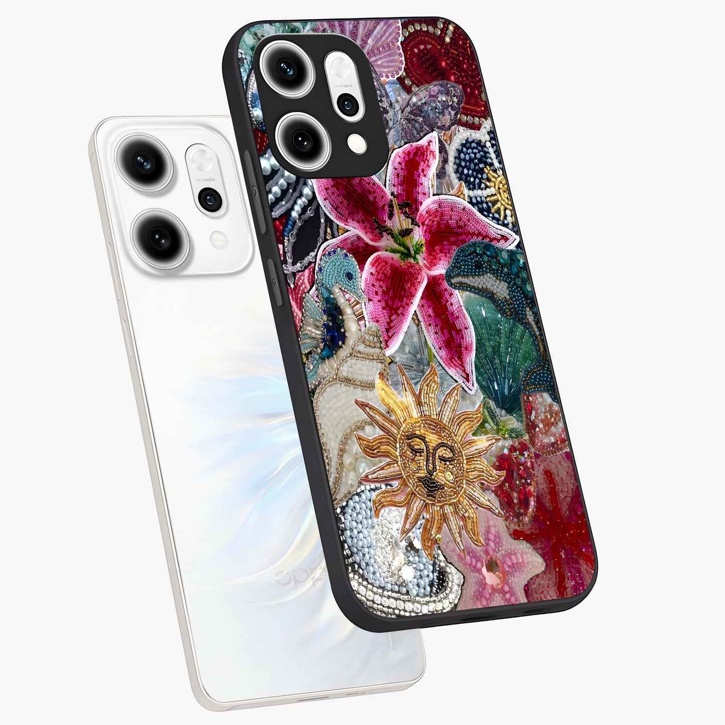 Beaded Garden Fantasy Glass Case displayed in angled mockup highlighting fantasy inspired floral bead pattern.