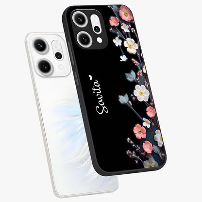 Black Elegance Floral Custom Name Glass Case displayed in angled mockup highlighting dark floral aesthetic and custom name feature.