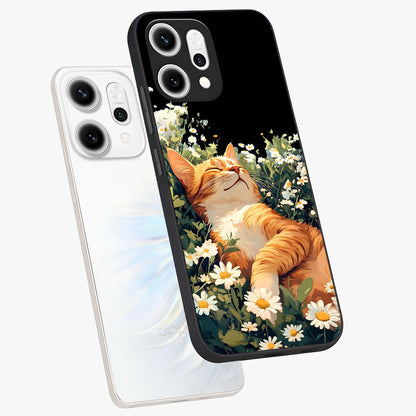 Blissful Bloom Cat Glass Case displayed in angled mockup highlighting playful feline illustration with soft floral aesthetic.