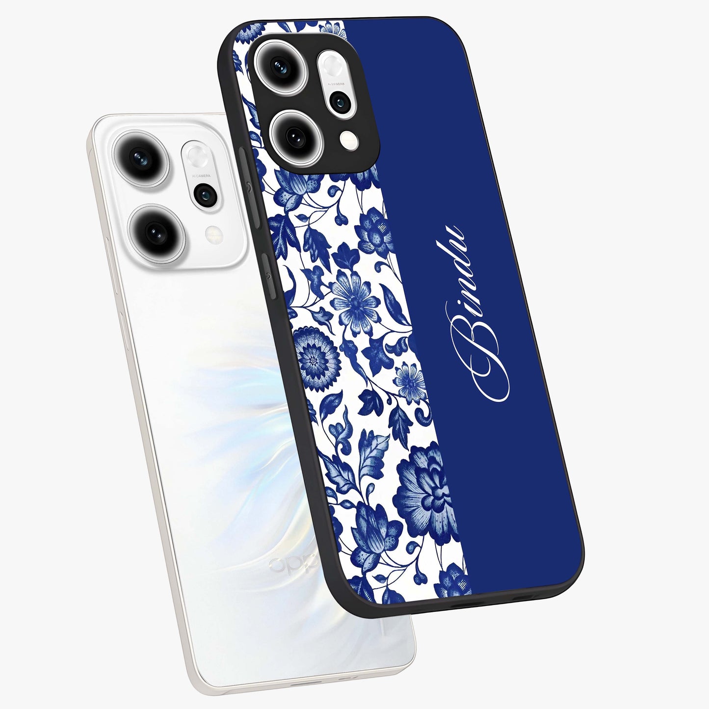 Blue Vintage Floral Pattern Glass Case displayed in angled mockup highlighting subtle bloom pattern with aesthetic pastel design.