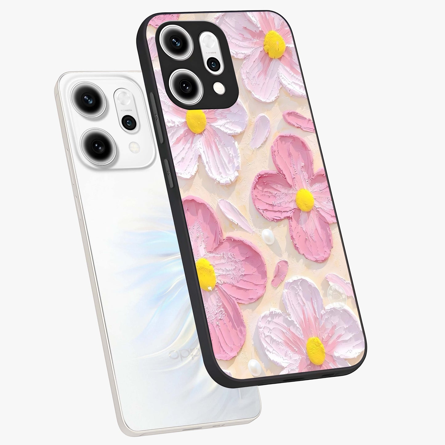 Blush Bloom Texture Glass Case displayed in angled mockup highlighting subtle bloom pattern with aesthetic pastel design.