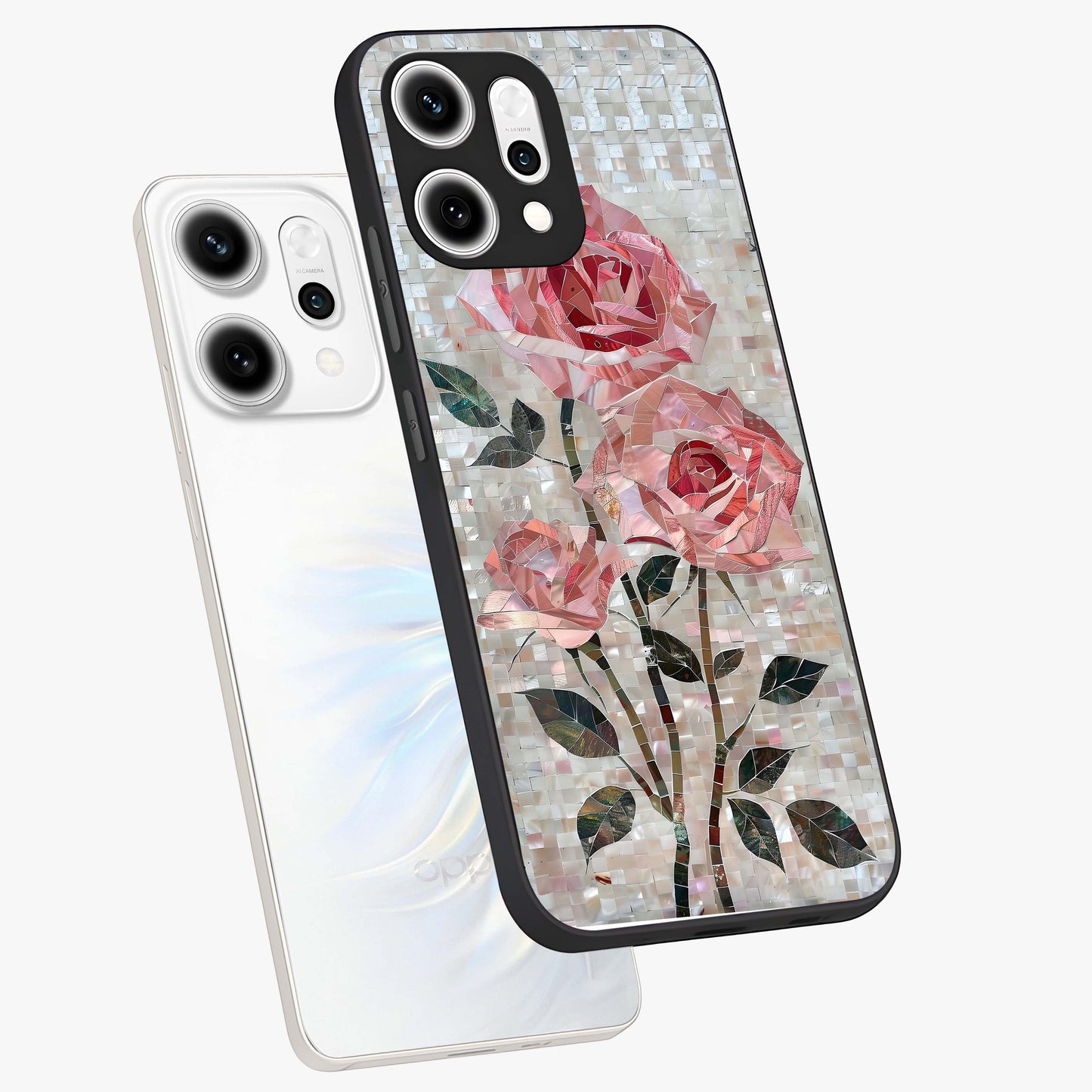 Blush Mosaic Bloom Glass Case displayed in angled mockup highlighting artistic mosaic flower pattern with aesthetic design.