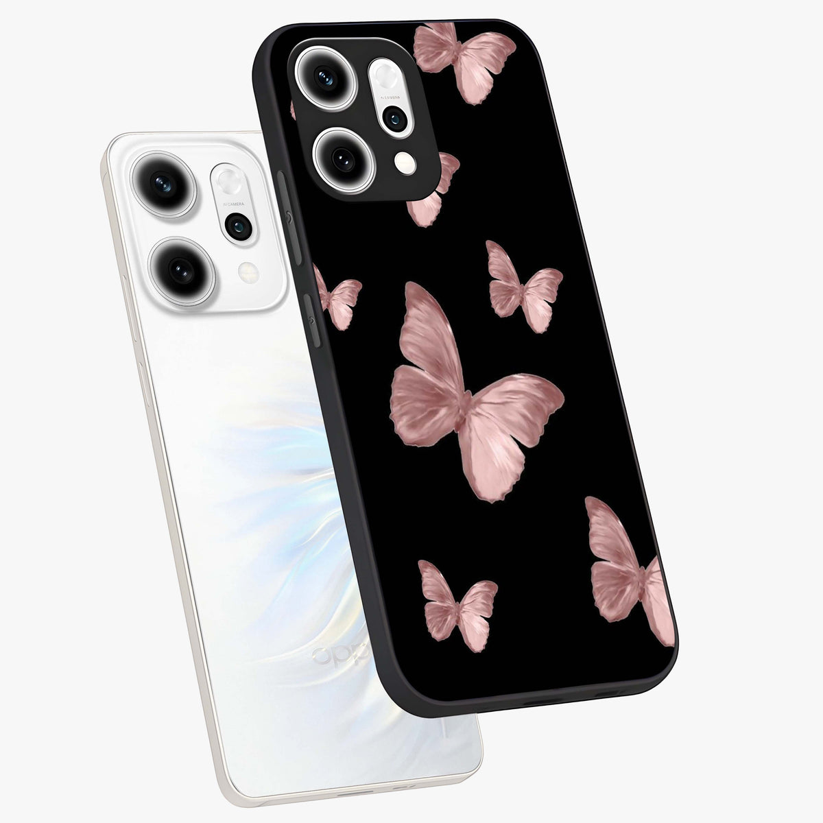 Butterfly Pattern Glass Case displayed in angled mockup highlighting delicate butterfly design and aesthetic pattern style.