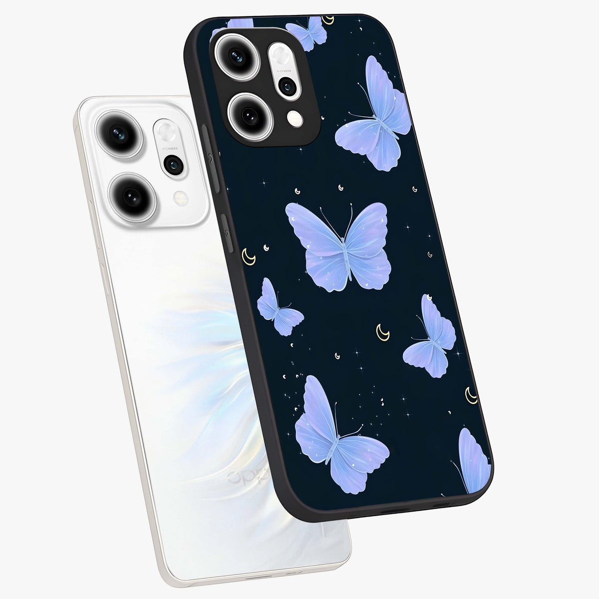 Butterfly With Stars Pattern Glass Case displayed in angled mockup highlighting dreamy butterfly and star design with aesthetic theme.