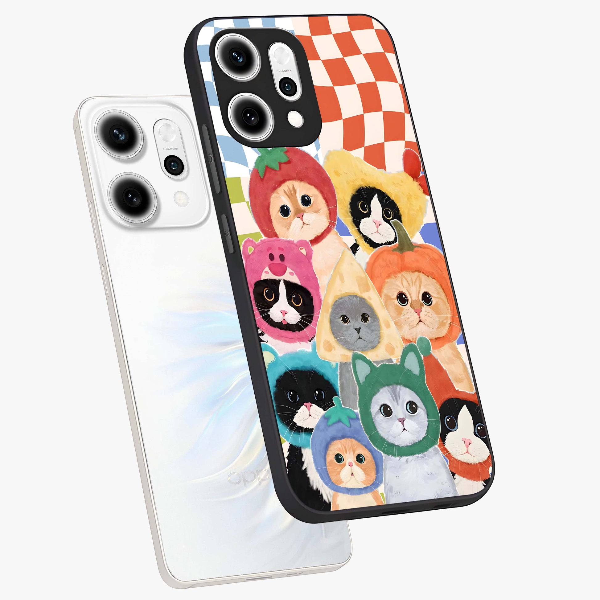 Cats in Fruits Glass Case displayed in angled mockup highlighting cute feline fruit design with colorful aesthetic style.