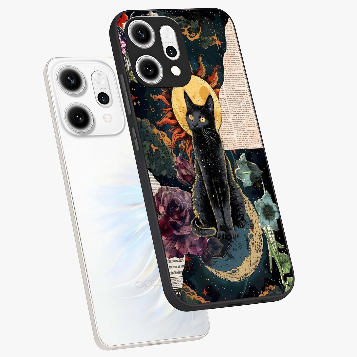 Celestial Black Cat Glass Case displayed in angled mockup highlighting cosmic black cat design with celestial aesthetic.
