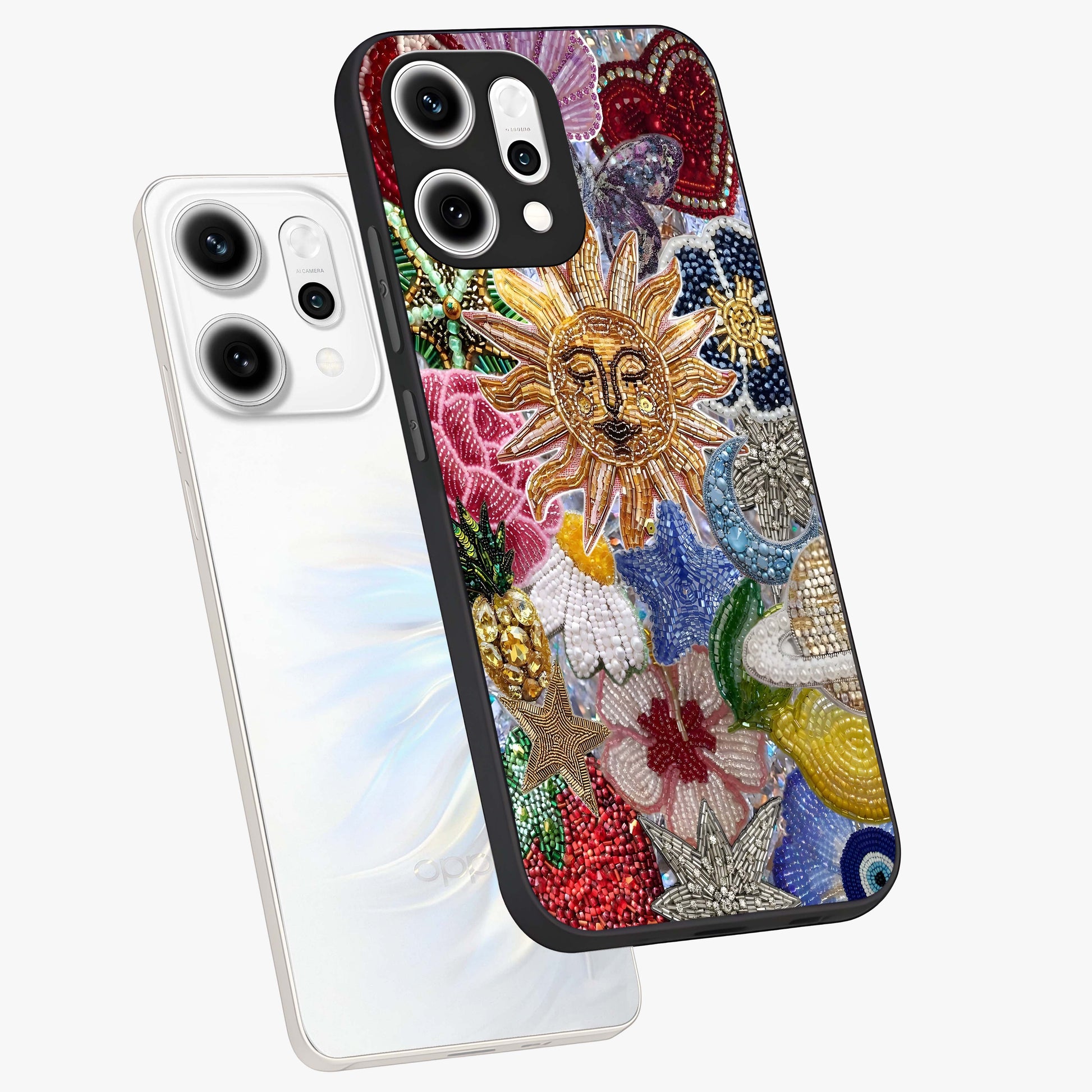 Celestial Floral and Playful Glass Case displayed in angled mockup highlighting playful floral design with dreamy celestial elements.