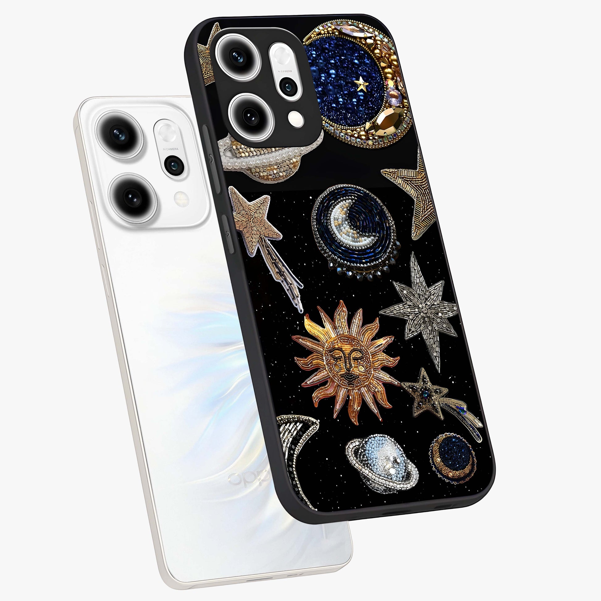 Celestial Gem Constellations Glass Case displayed in angled mockup highlighting gemstone inspired constellation design.