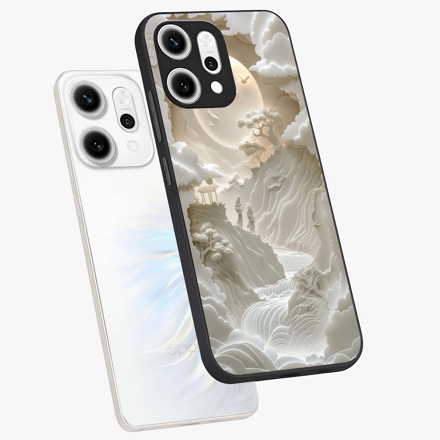 Celestial Origami Glass Case displayed in angled mockup highlighting geometric origami design with cosmic aesthetic theme.