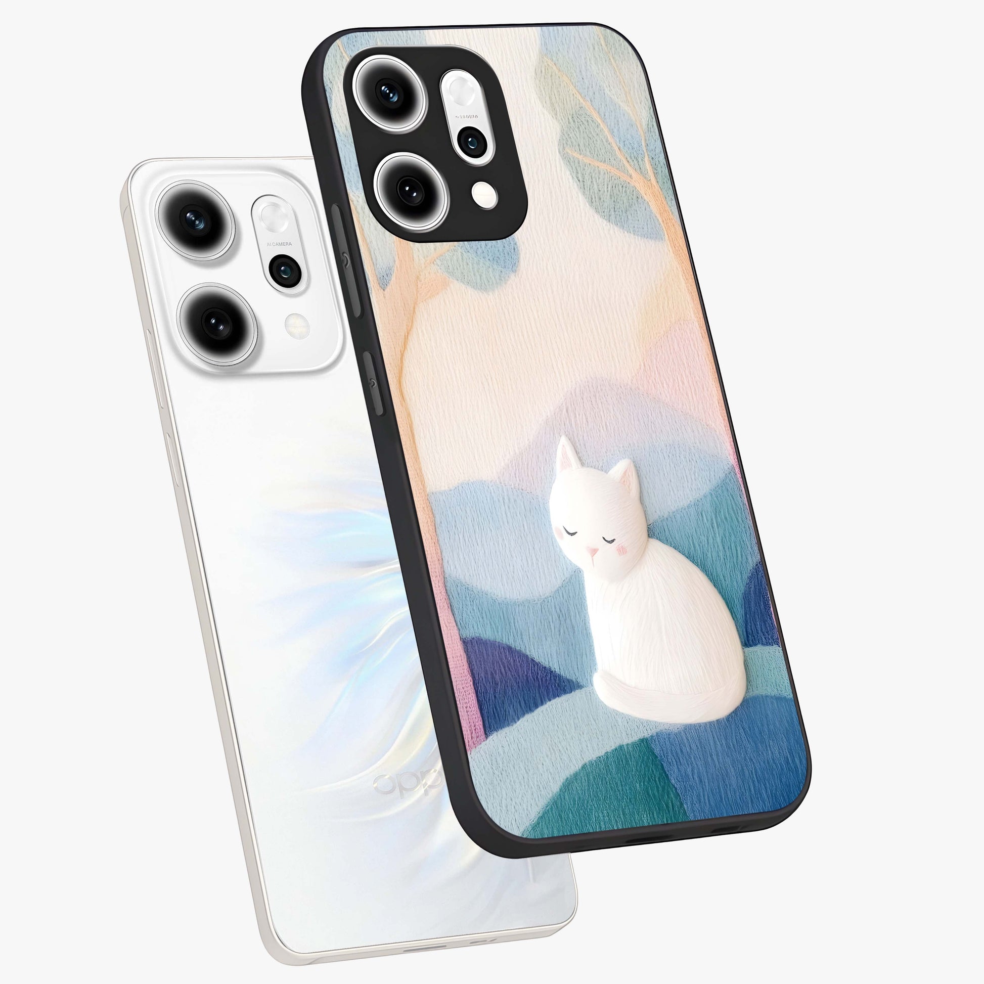 Cotton Dream Cat Glass Case displayed in angled mockup highlighting cute feline illustration with pastel aesthetic style.