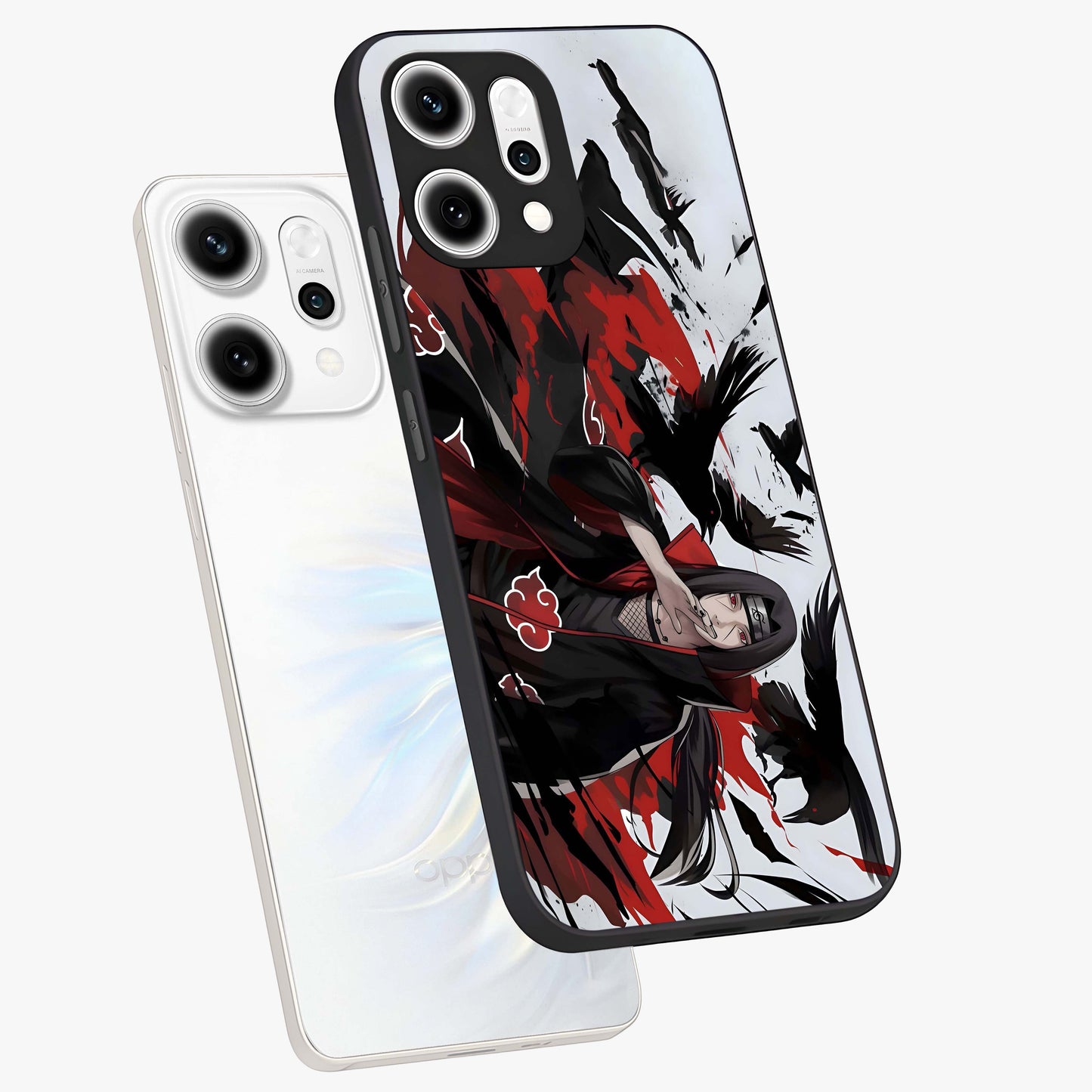Crimson Crow Illusion Glass Case displayed in angled mockup highlighting mysterious crow graphic with dark aesthetic style.