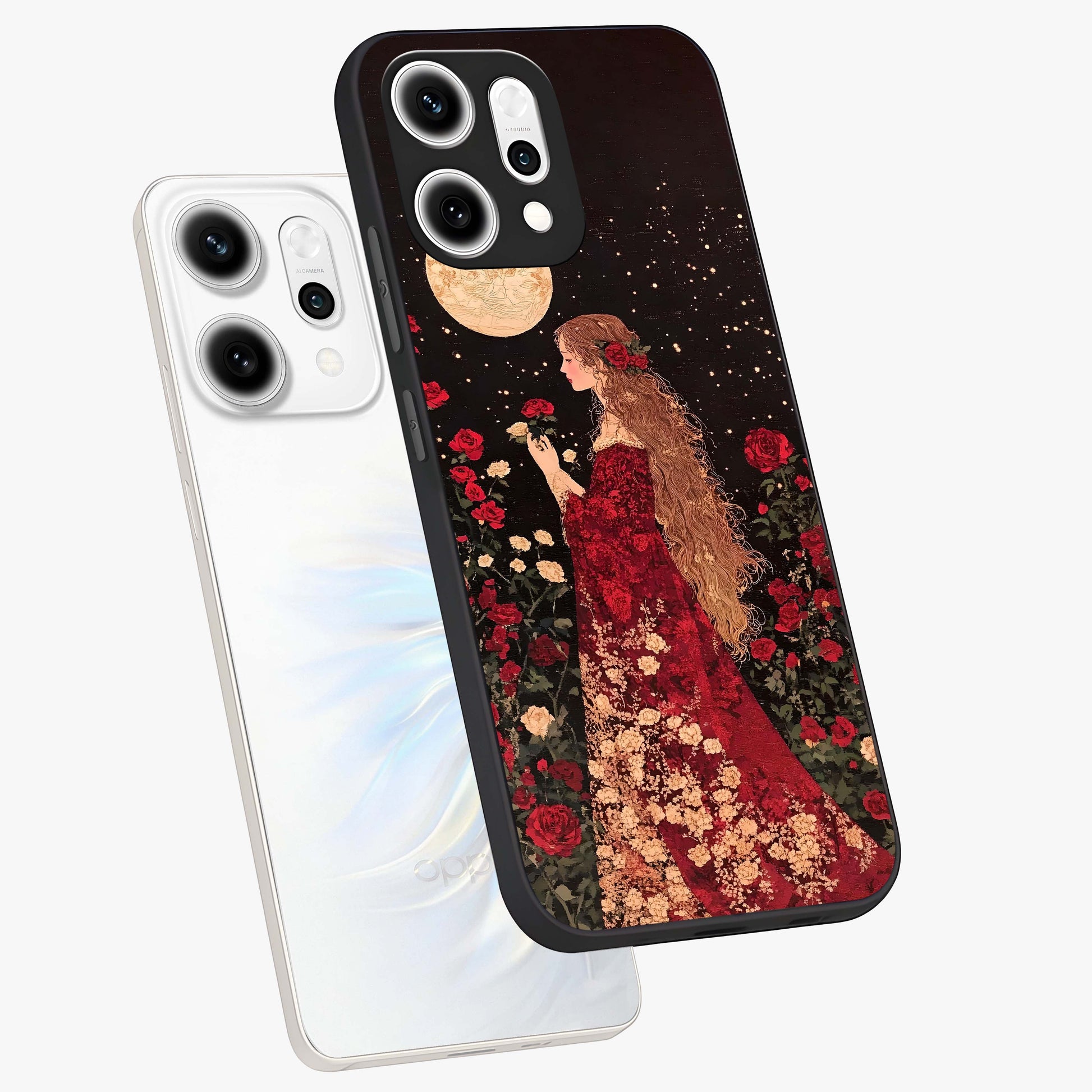 Crimson Dreams Glass Case displayed in angled mockup highlighting soft crimson aesthetic design with artistic theme.