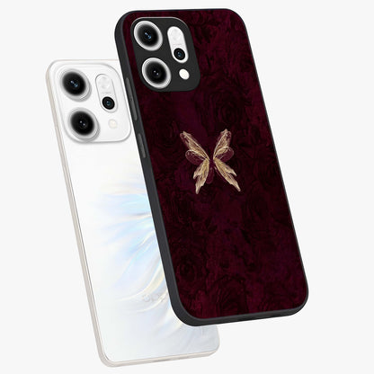Crimson Fade Butterfly Glass Case displayed in angled mockup highlighting elegant butterfly design with crimson gradient aesthetic.