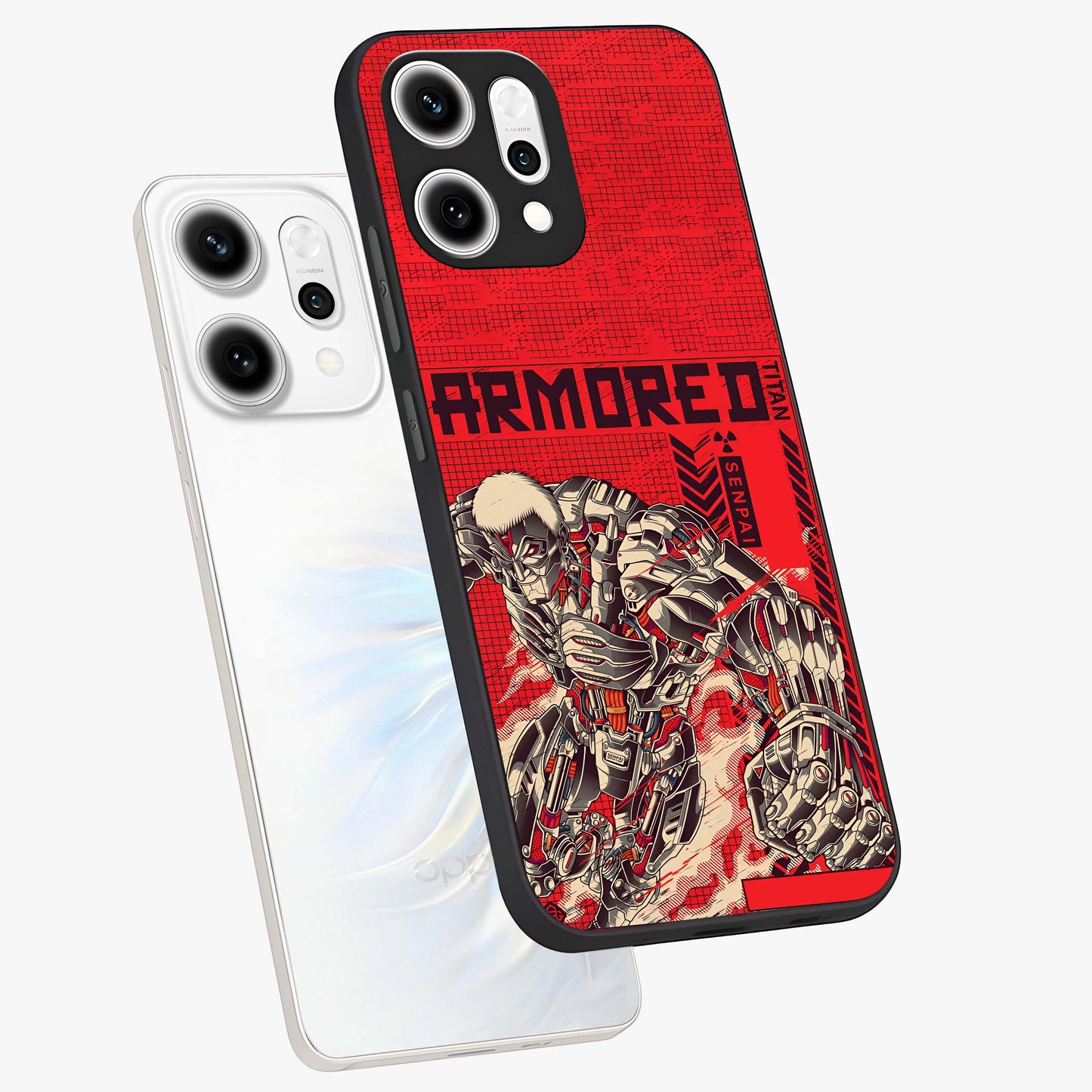 Crimson Mecha Titan Glass Case displayed in angled mockup highlighting futuristic mech illustration with bold crimson aesthetic.