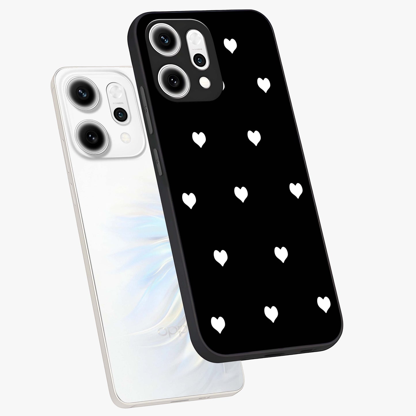 Cute And Simple White Hearts Glass Case displayed in angled mockup highlighting cute heart design with clean aesthetic style.