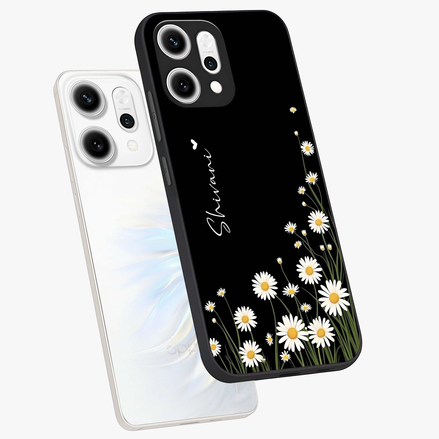 Daisy Cascade Custom Name Glass Case displayed in angled mockup highlighting delicate daisy artwork with custom name feature.