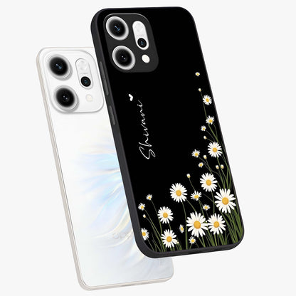 Daisy Cascade Custom Name Glass Case displayed in angled mockup highlighting delicate daisy artwork with custom name feature.