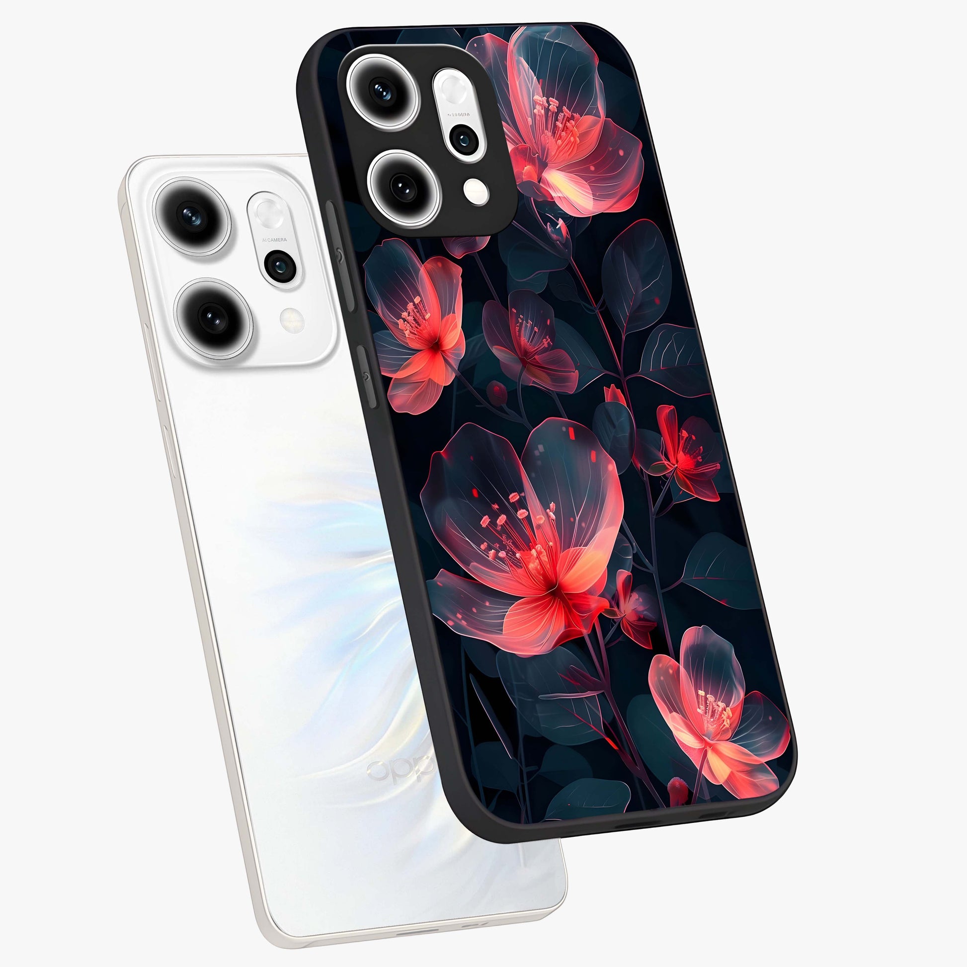 Dark Shade of Flower Glass Case displayed in angled mockup highlighting moody floral illustration with aesthetic dark tones.