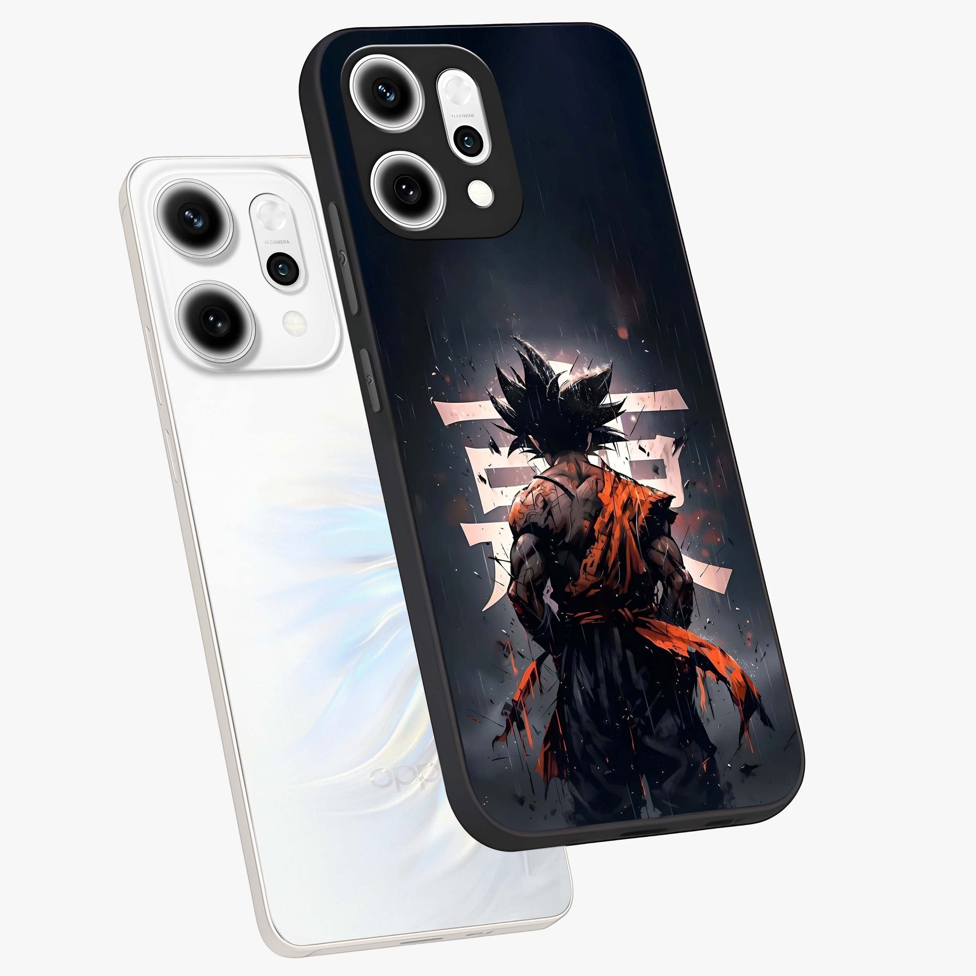 Dark Warrior In Rain Glass Case displayed in angled mockup highlighting dramatic warrior illustration with dark rain aesthetic.