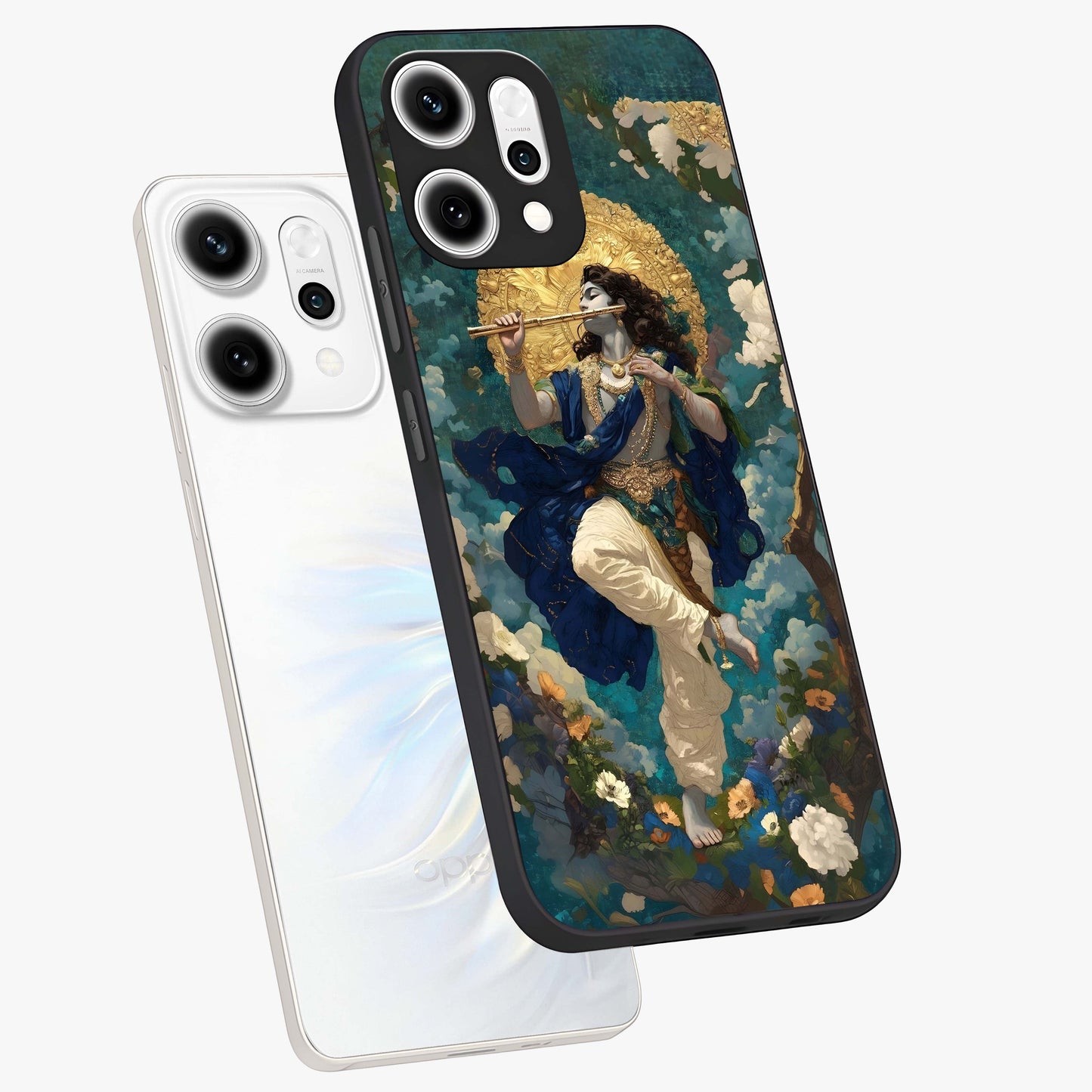 Divine Krishna Art Glass Case displayed in angled mockup highlighting spiritual Krishna illustration with devotional aesthetic.
