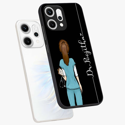 Doctor Pattern Custom Name Glass Case displayed in angled mockup highlighting doctor inspired artwork with custom name feature.