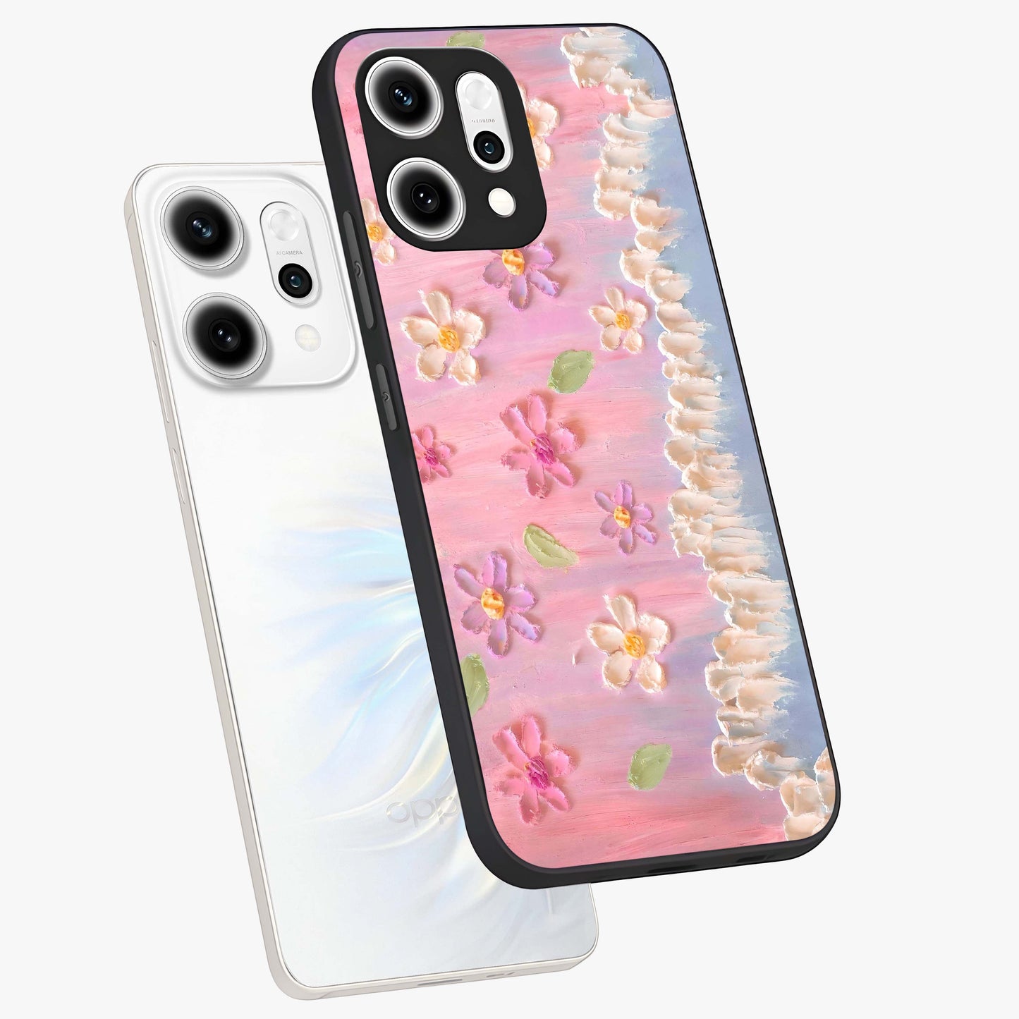 Dreamy Painted Garden Glass Case displayed in angled mockup highlighting colorful garden illustration with dreamy aesthetic style.