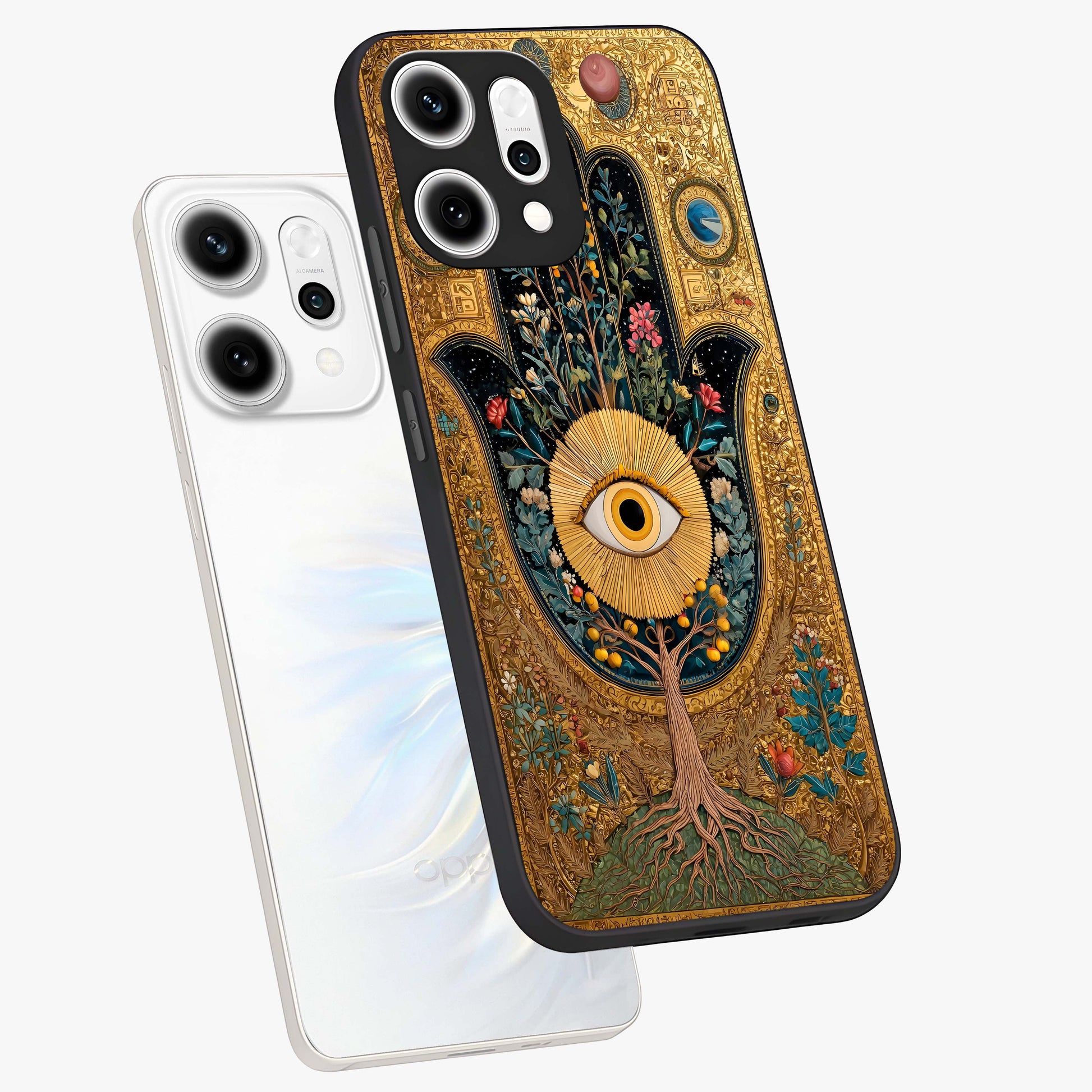 Ethereal Evil Eye Glass Case displayed in angled mockup highlighting protective evil eye symbol with spiritual aesthetic design.