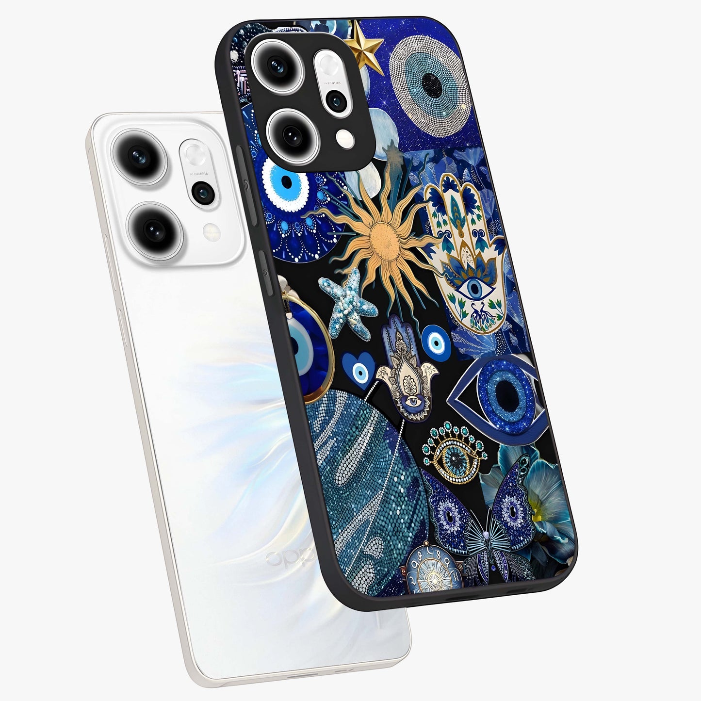 Evil Eye Charm Mix Glass Case displayed in angled mockup highlighting protective evil eye symbols with spiritual aesthetic design.
