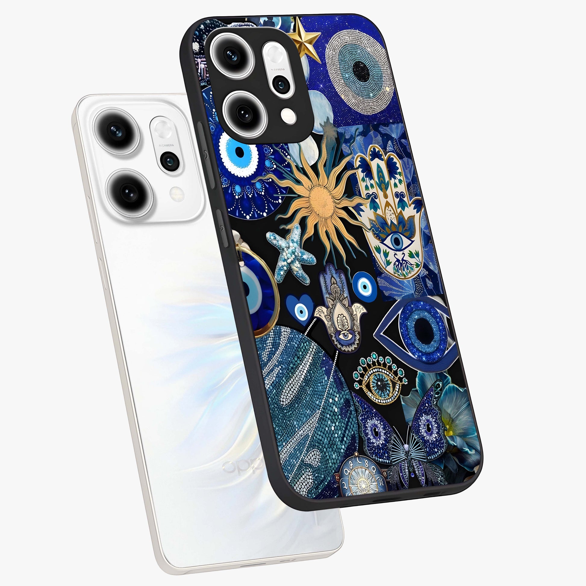 Evil Eye Charm Mix Glass Case displayed in angled mockup highlighting protective evil eye symbols with spiritual aesthetic design.