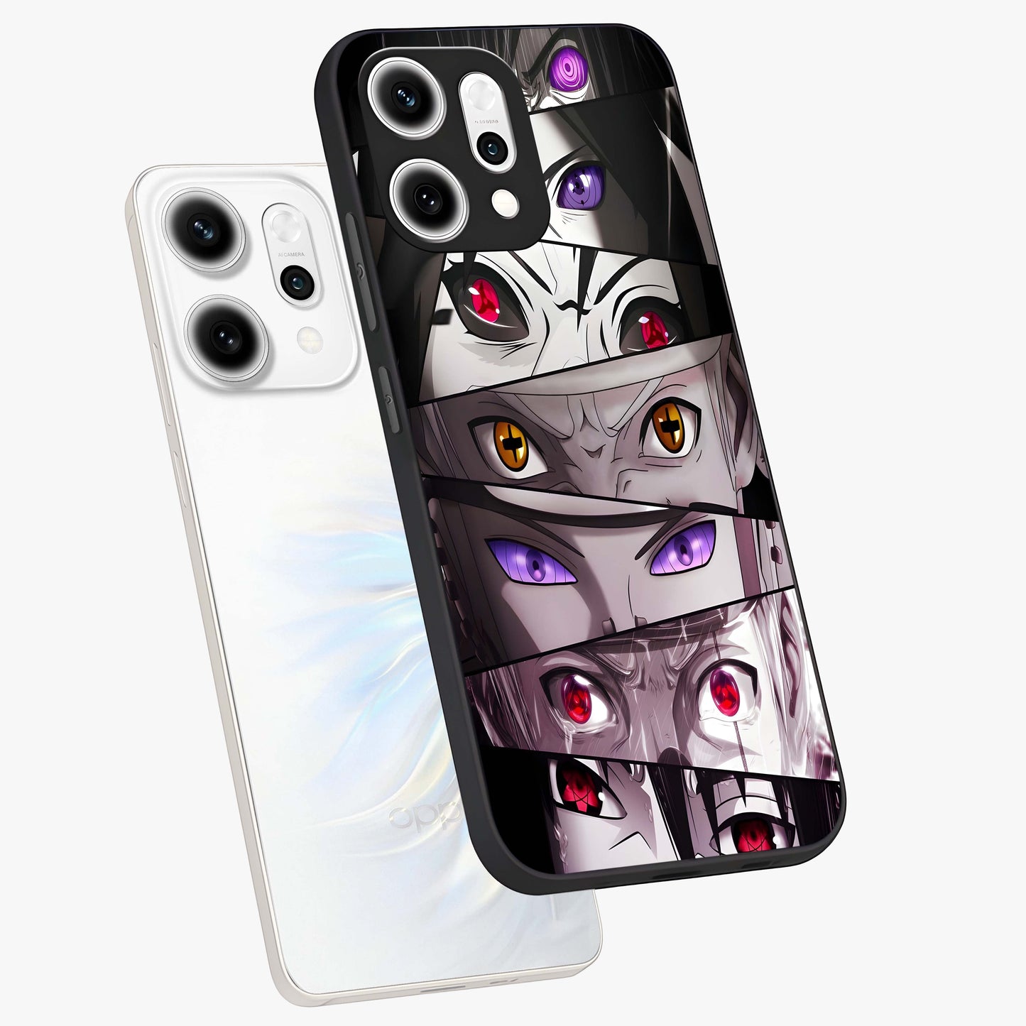 Eyes of Destiny Glass Case displayed in angled mockup highlighting bold eye illustration with mystical aesthetic style.