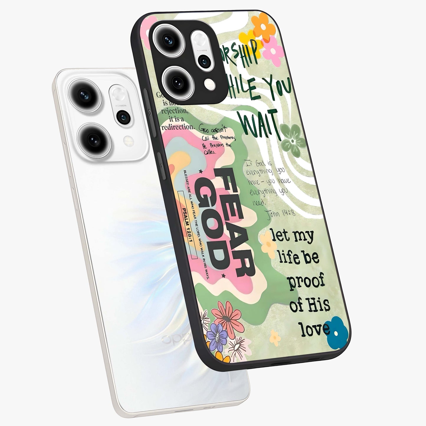 Faith Over Fear Glass Case displayed in angled mockup highlighting inspirational message design with modern aesthetic style.