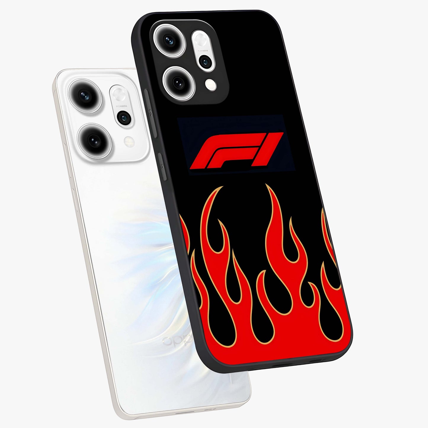 Fire F11 Glass Case displayed in angled mockup highlighting bold fire inspired graphic with energetic aesthetic style.