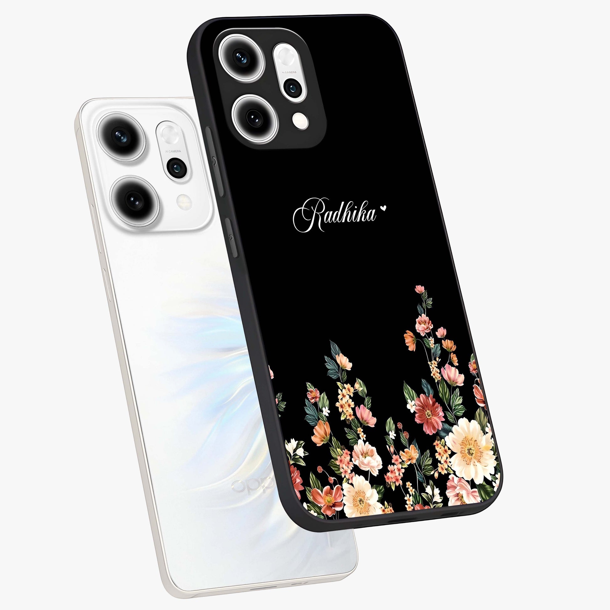 Floral Design With a Custom Personalized Name Glass Case displayed in angled mockup highlighting elegant floral pattern with custom name feature.