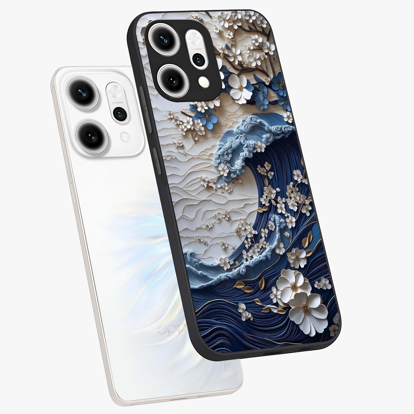 Floral Wave Origami Glass Case displayed in angled mockup highlighting geometric origami flower design with modern aesthetic style.