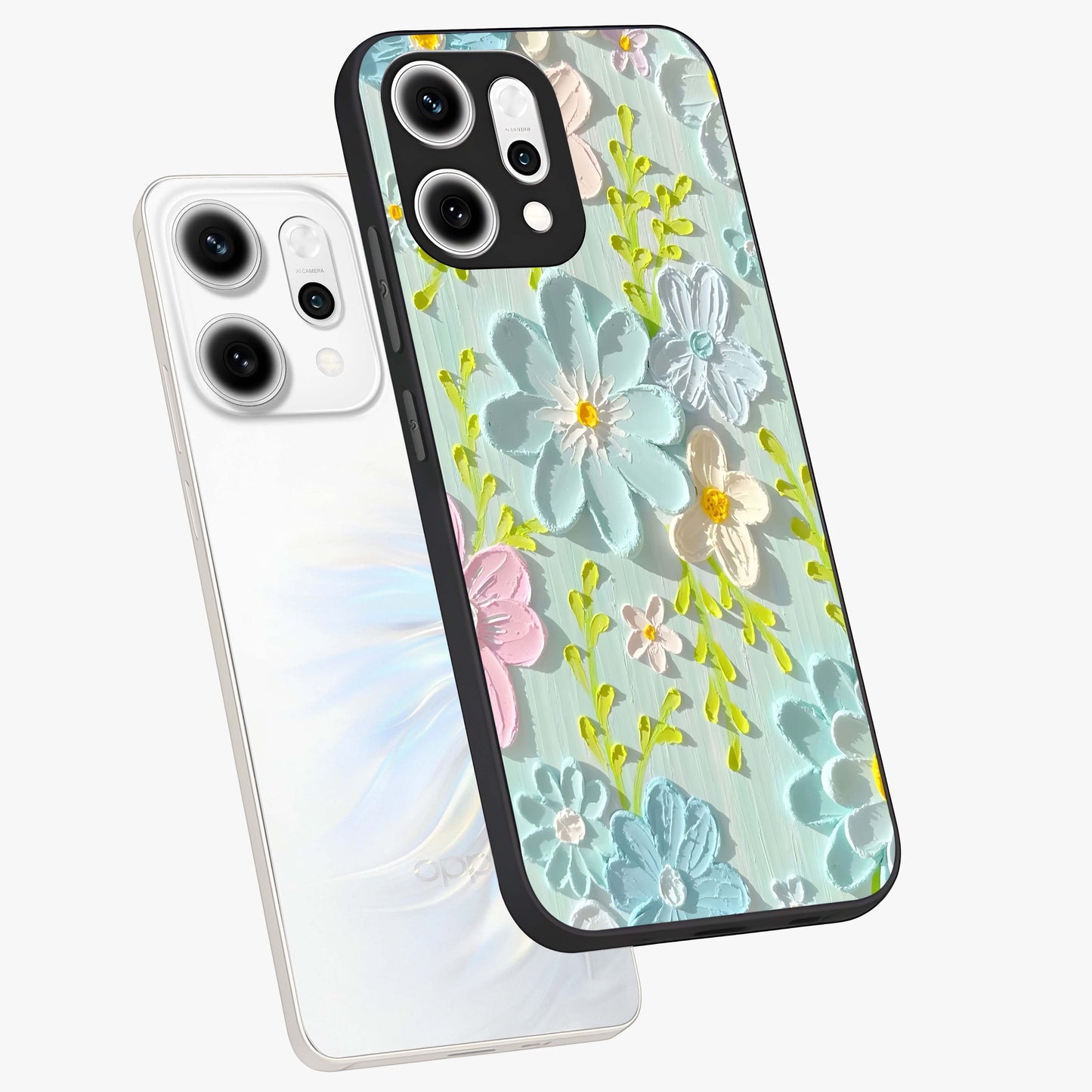 Frosted Petal Garden Glass Case displayed in angled mockup highlighting delicate flower petal design with calm garden aesthetic.