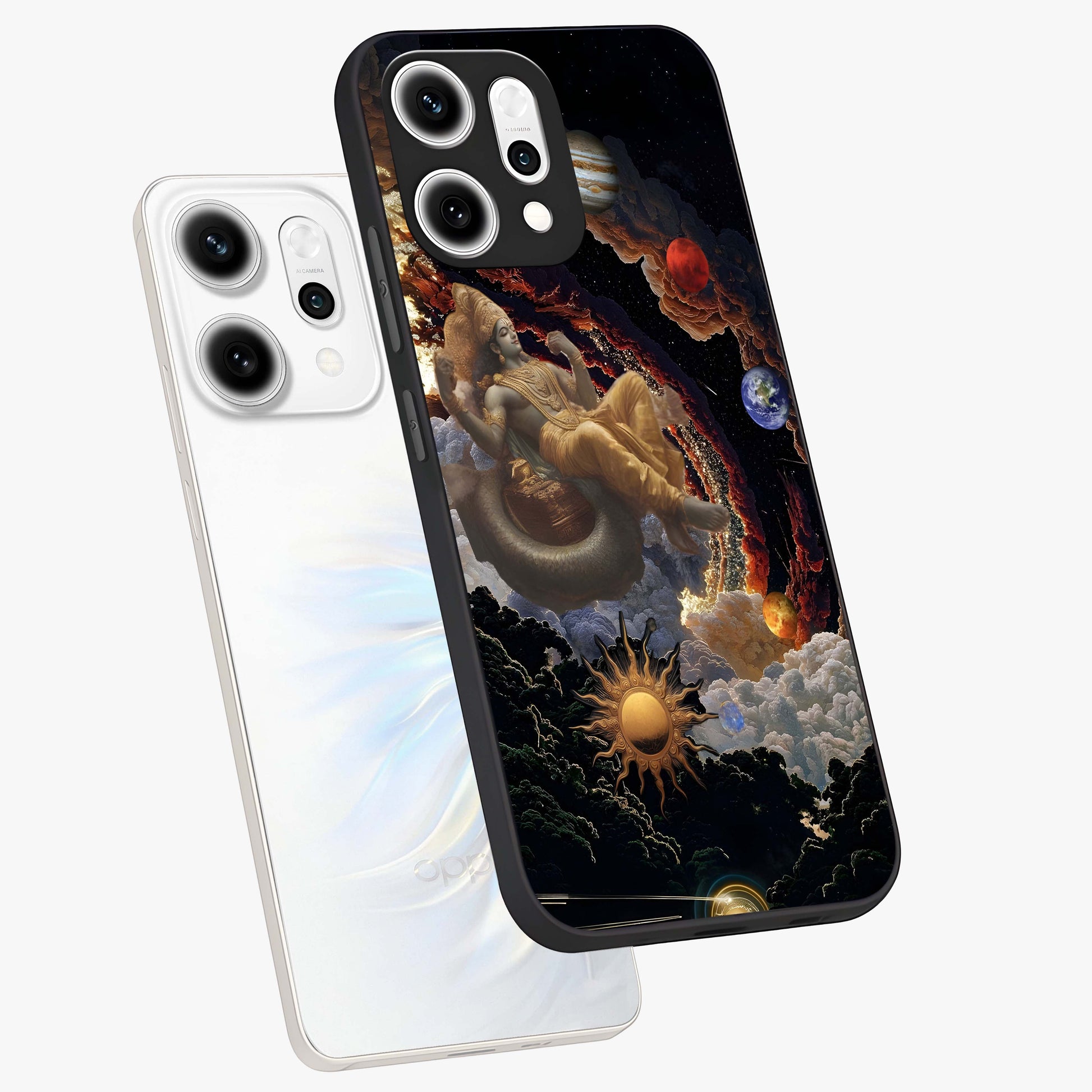 Galactic Divine God Glass Case displayed in angled mockup highlighting powerful celestial deity illustration with galactic aesthetic.