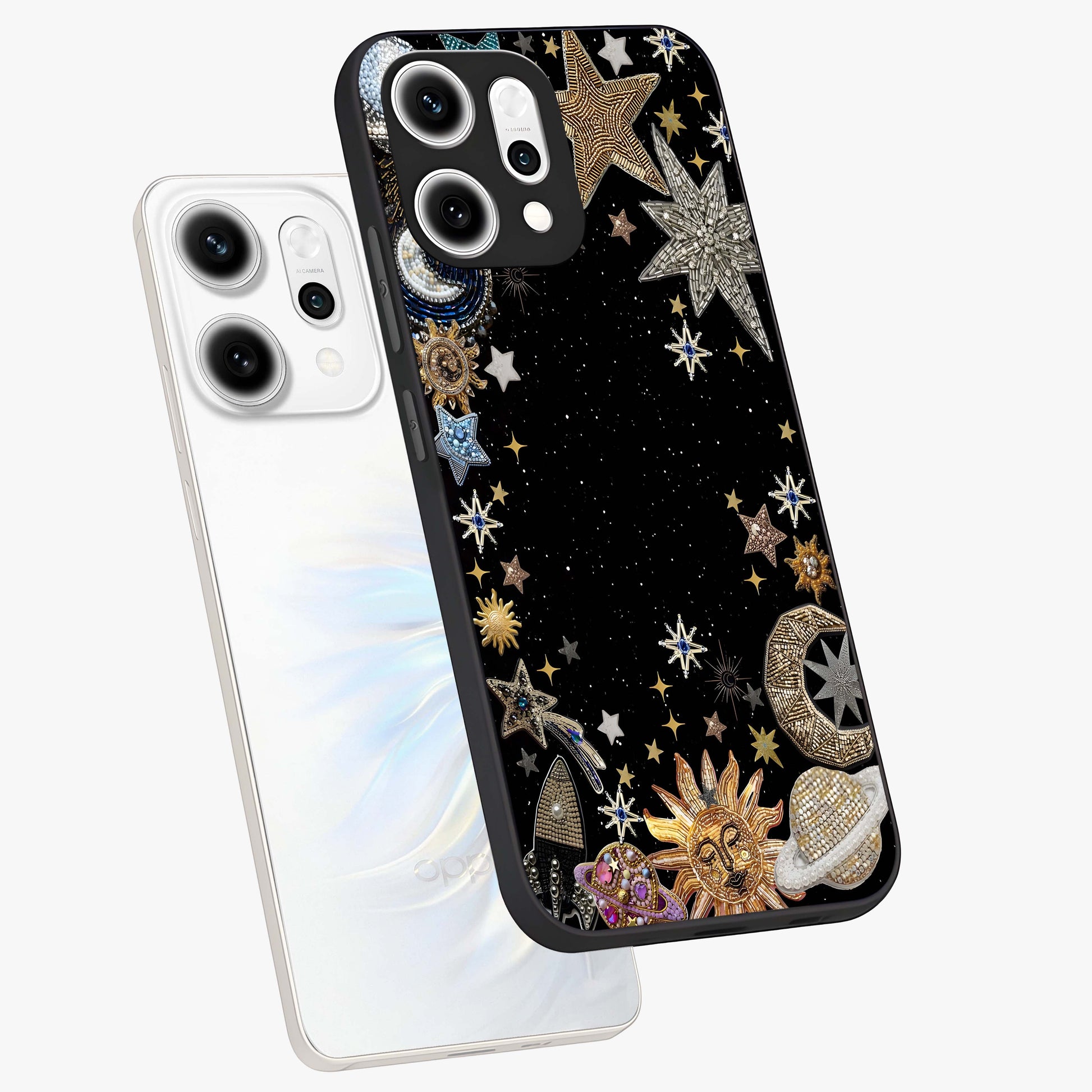 Galactic Jewel Stars Glass Case displayed in angled mockup highlighting shining celestial star design with cosmic aesthetic style.