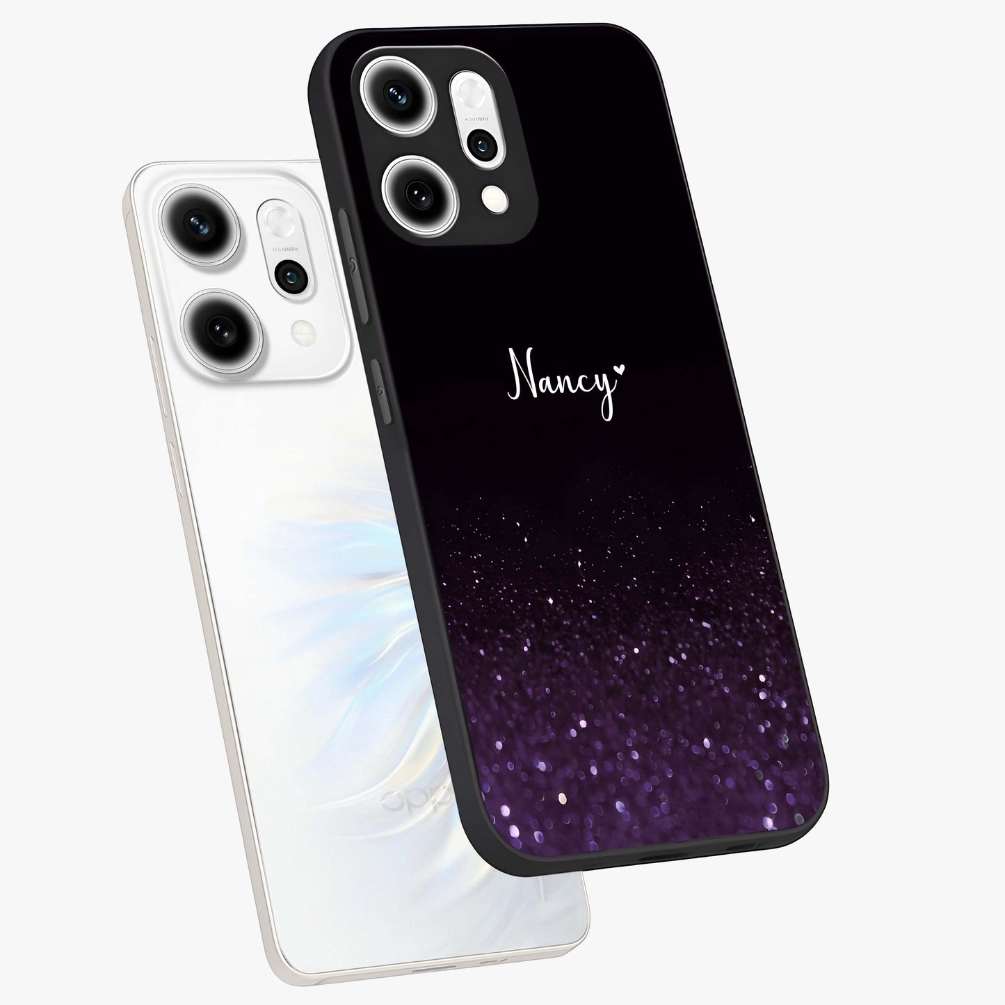 Glittery Purple Bokeh Custom Name Glass Case displayed in angled mockup highlighting glitter bokeh pattern with custom name feature.